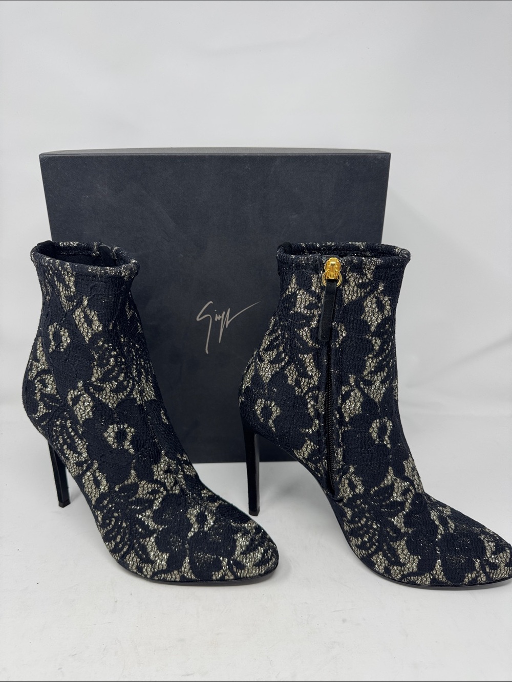 Giuseppe Zanotti Black and Gold Lace-Effect Ankle Booties